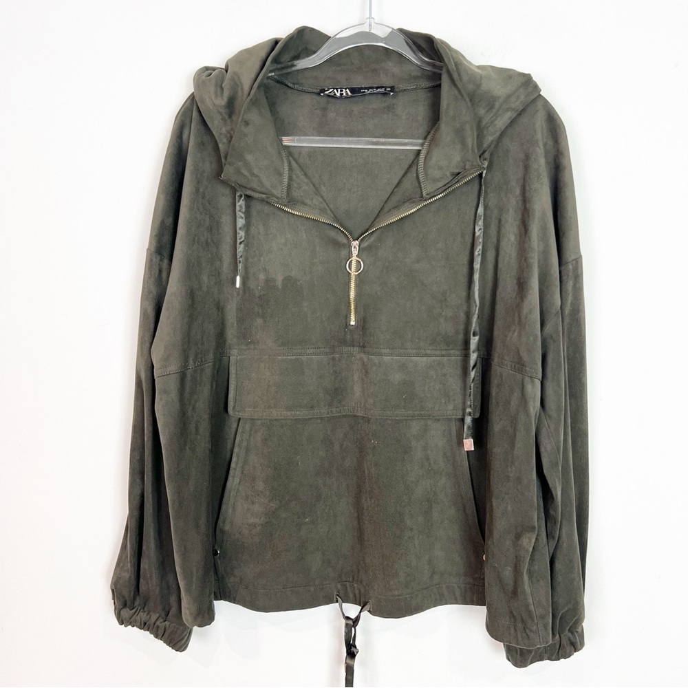 ZARA BROWN FAUX SUEDE 1/4 ZIP PULLOVER JACKET WOMENS SZ XL